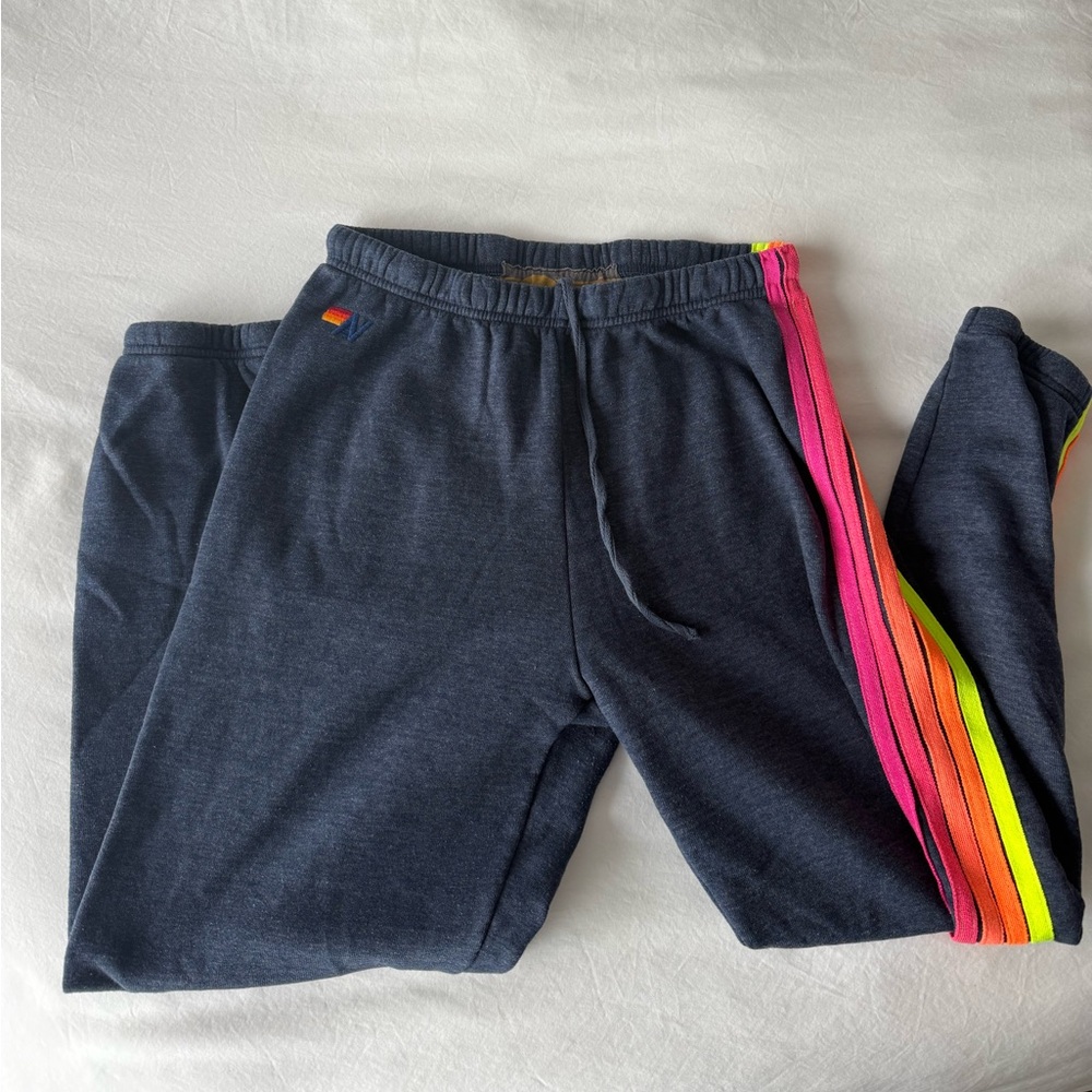 Aviator Nation Navy Sweatpants with rainbow stripes